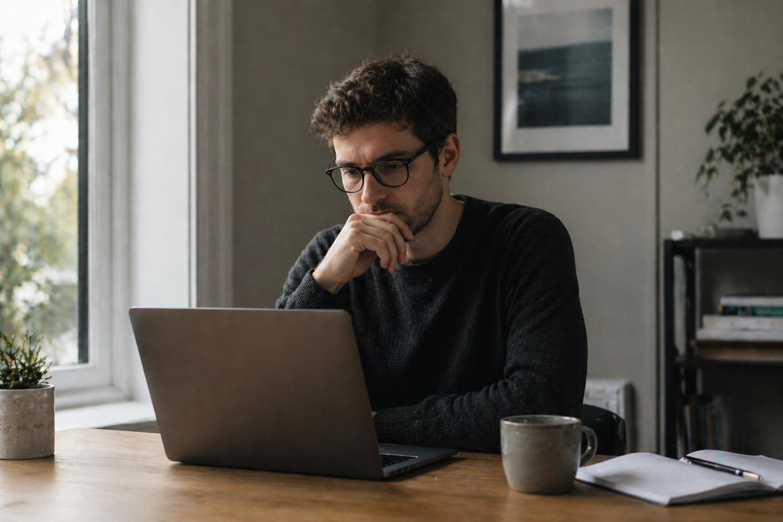 Thoughtful business owner reviewing work at a desk